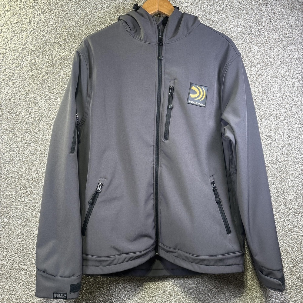 Federal Jacket Mens XL Gray Hooded‎ Softshell Full Zip Patriotic Logo Pockets